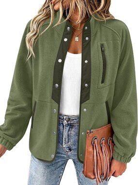 Army Green Medium Fleece Jacket with Western Aztec Print - Cozy Outerwear